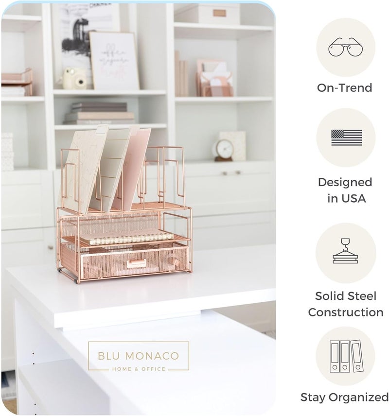 Blu Monaco | Rose Gold Desk Organizer with Drawer | Metal Desk Organizer with File Sorters and Storage Compartments | Office Desk Organizer for Paper Folders and Supplies - Image 4